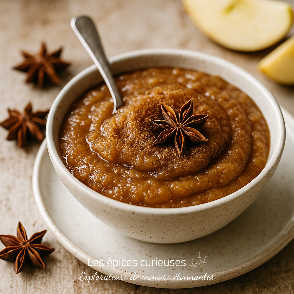 Étoile des Saveurs – Anis Étoilé en Poudre (2) Purée de pommes épicée, garnie de cannelle et anis étoilé dans un bol.