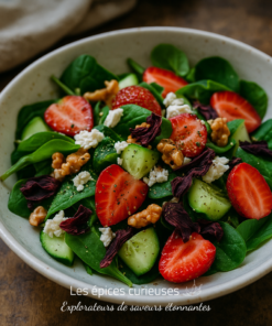 Salade fraîche de jeunes pousses d'épinards, fraises, concombres, noix, betterave séchée et fromage feta dans un bol.
