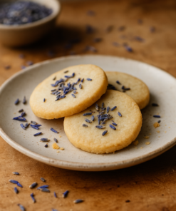 Biscuits sablés à la lavande sur assiette, décorés de fleurs séchées pour une touche gourmande et aromatique.