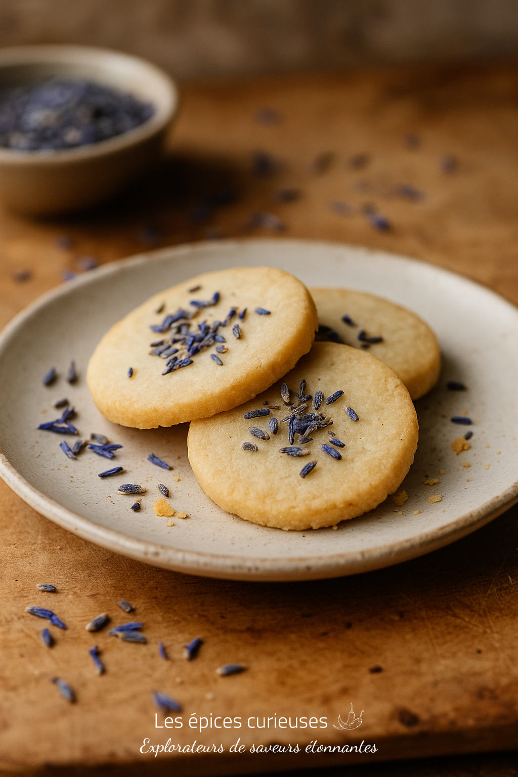 Fleur de Lavande Séchée – Élégance Provençale (2) Biscuits sablés à la lavande sur assiette, décorés de fleurs séchées pour une touche gourmande et aromatique.