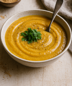 Soupe crémeuse aux légumes, garnie de persil frais, servie dans un bol en céramique avec une cuillère.