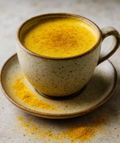 Tasse de latte au curcuma épicé sur soucoupe avec poudre de curcuma, posée sur une surface en pierre.