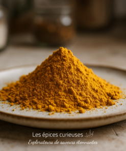 Poudre de curcuma sur assiette en céramique, épice naturelle pour la cuisine et la santé.