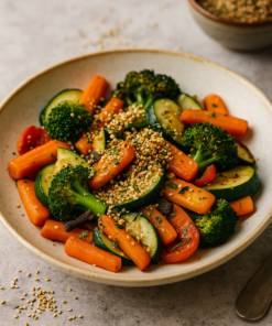 Assiette de légumes variés avec carottes, brocoli, courgettes, parsemée de graines de sésame, sur une table en marbre.
