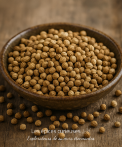 Bol de graines de coriandre séchées sur une table en bois, prêt à être utilisé en cuisine.