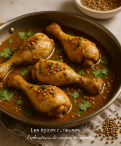 Cuisses de poulet mijotées dans une sauce épicée garnie de coriandre fraîche, servies dans une poêle en cuivre.