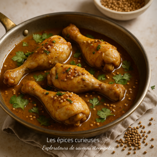 Cuisses de poulet mijotées dans une sauce épicée garnie de coriandre fraîche, servies dans une poêle en cuivre.