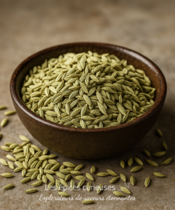 Bol de graines de fenouil séchées sur une table en bois, prêt pour l'utilisation culinaire ou médicinale.