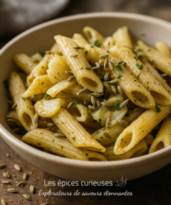 Bol de penne savoureuses avec épices et herbes, prêt à déguster pour un repas réconfortant.