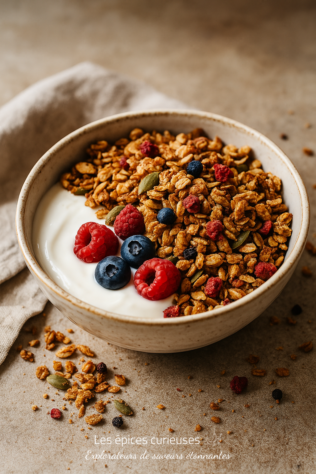 Granola Fruits Rouges – Croq’Vitalité Bol de yaourt garni de granola croustillant et de baies fraîches, parfait pour un petit-déjeuner sain et délicieux.