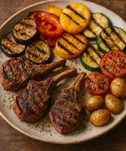 Assiette avec côtelettes d'agneau grillées, légumes rôtis et pommes de terre dans une présentation appétissante.