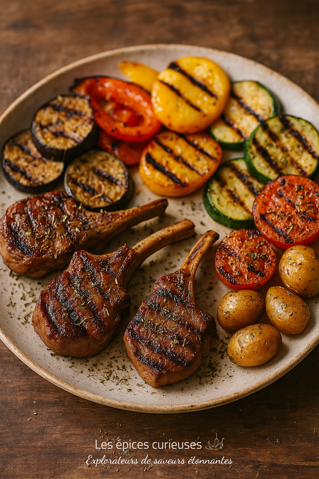 Herbes à Barbecue du Maquis Corse – Parfum Sauvage & Soleil Méditerranéen Assiette avec côtelettes d'agneau grillées, légumes rôtis et pommes de terre dans une présentation appétissante.