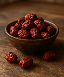 Bol de jujubes séchés sur une table en bois, fruits riches en nutriments et bienfaits pour la santé.