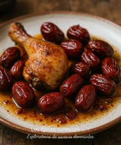 Plat de poulet rôti et jujubes marinés sur assiette en céramique, délicieux mélange de saveurs sucrées et salées.