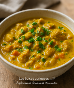 Bol de curry de légumes crémeux avec persil frais, idéal pour une recette végétalienne savoureuse.