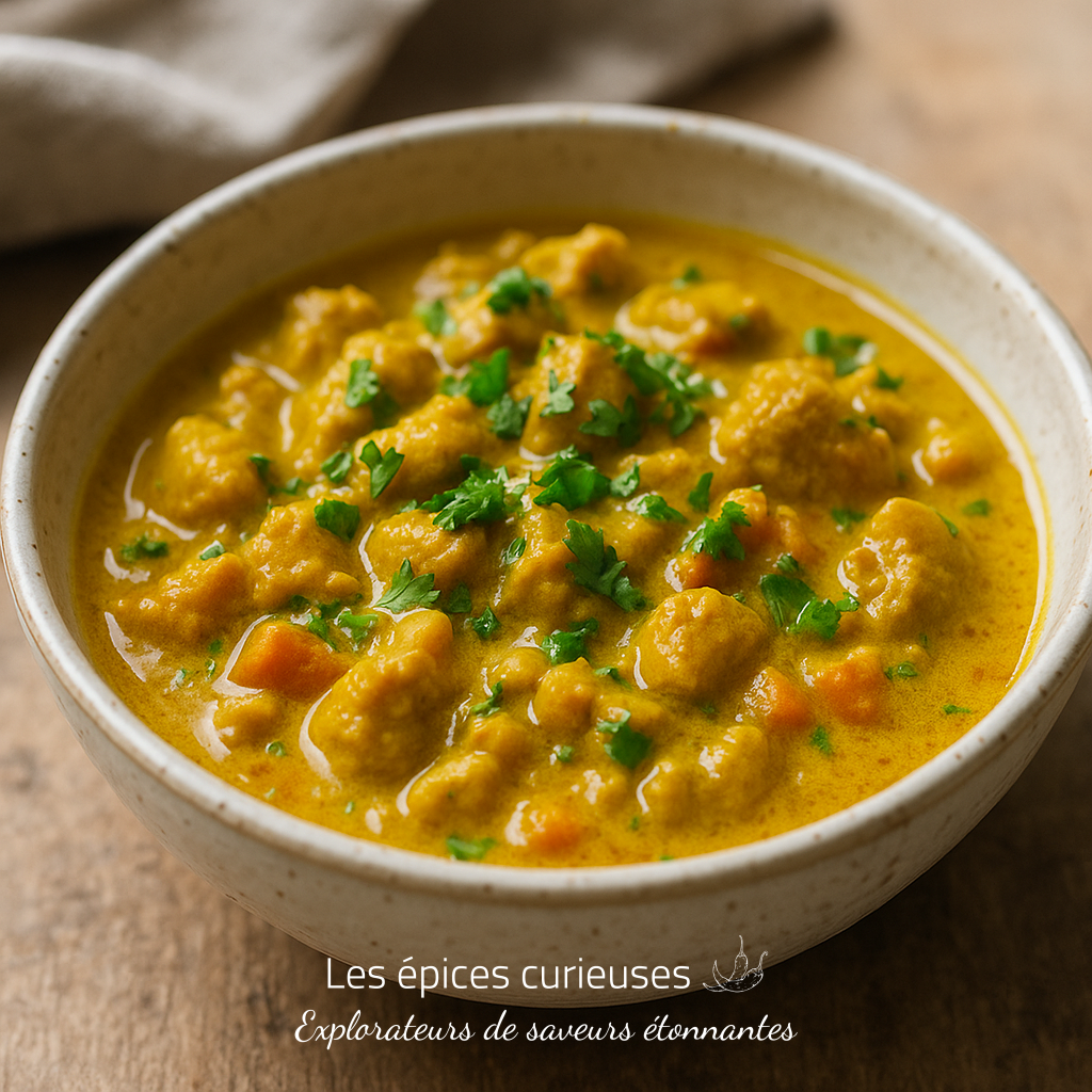 Le p’tit curry de Jules (1) Bol de curry de légumes crémeux avec persil frais, idéal pour une recette végétalienne savoureuse.