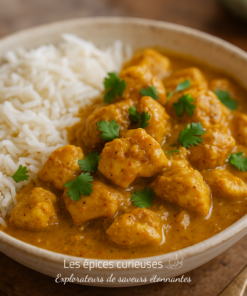 Poulet au curry crémeux avec riz basmati, garni de coriandre fraîche, servi dans un bol en céramique.