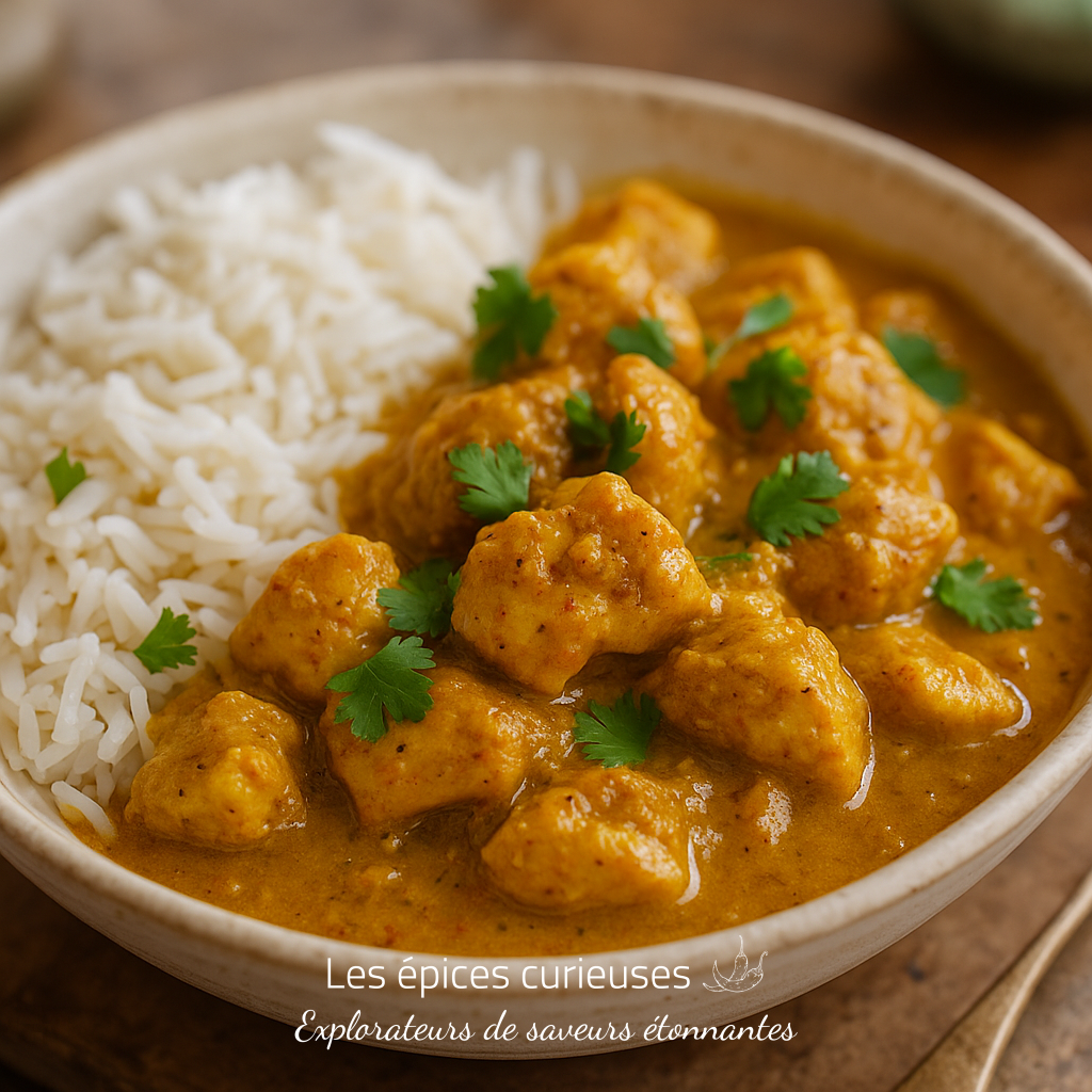 Le p’tit curry de Jules (2) Poulet au curry crémeux avec riz basmati, garni de coriandre fraîche, servi dans un bol en céramique.