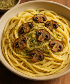 Spaghettis crémeux au pesto garnis de champignons grillés, servis dans un bol en céramique sur une table en bois.