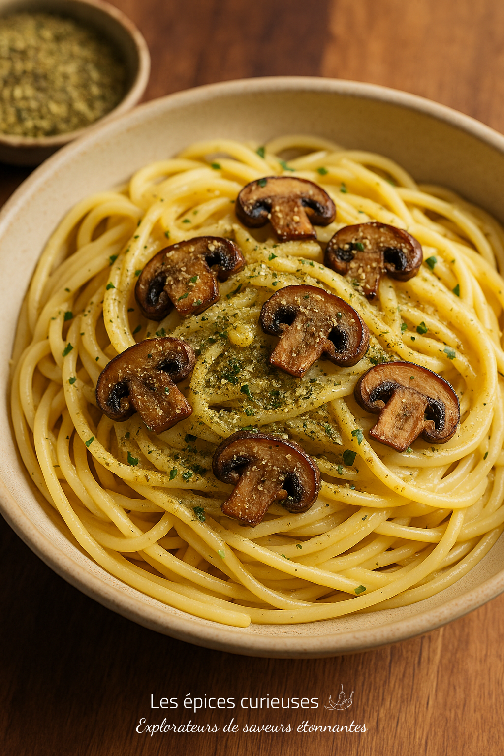 Mélange de Poivre Citron – Éclat & Vivacité (1) Spaghettis crémeux au pesto garnis de champignons grillés, servis dans un bol en céramique sur une table en bois.
