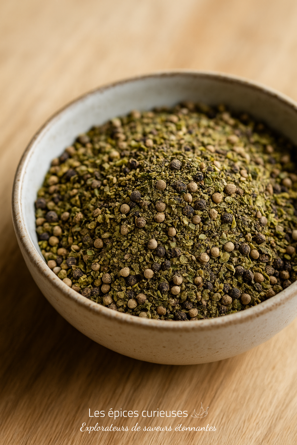 Mélange de Poivre Citron – Éclat & Vivacité (2) Bol de poivre vert moulu sur une table en bois, capturant la texture et les nuances naturelles de l'épice.
