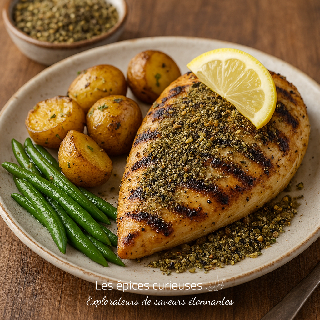 Mélange de Poivre Citron – Éclat & Vivacité (3) Poulet grillé au za'atar, servi avec pommes de terre rôties, haricots verts et citron. Repas sain et savoureux.