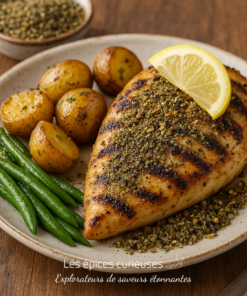 Poulet grillé au za'atar, servi avec pommes de terre rôties, haricots verts et citron. Repas sain et savoureux.