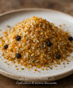 Mélange d'épices et de sel marin sur une assiette, avec grains de poivre noir et herbes, pour assaisonnement culinaire.