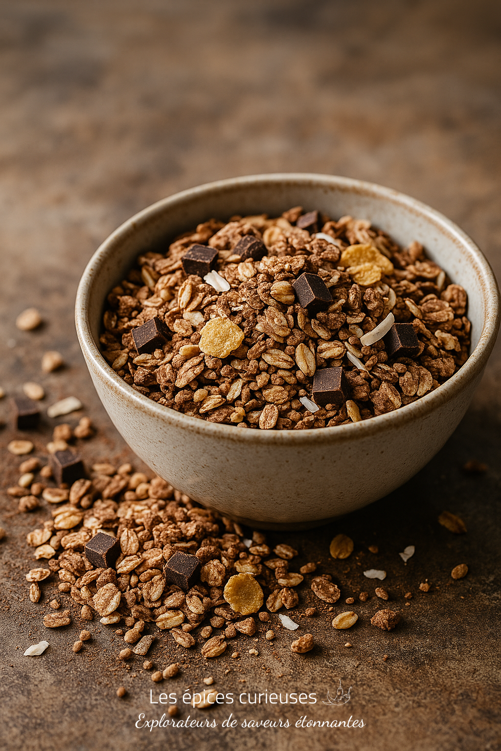 Muesli au Chocolat – Douceur Cacaotée Bol de granola croustillant avec pépites de chocolat et céréales, posé sur une surface rustique.