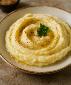 Purée de pommes de terre crémeuse avec beurre fondu et persil frais dans une assiette.