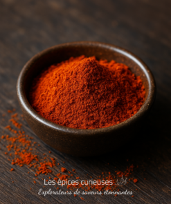 Bol en céramique rempli de paprika en poudre rouge vif sur une table en bois foncé.