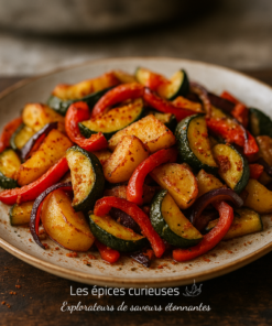 Assiette de légumes rôtis colorés : pommes de terre, courgettes, poivrons rouges et oignons rouges, assaisonnés et savoureux.