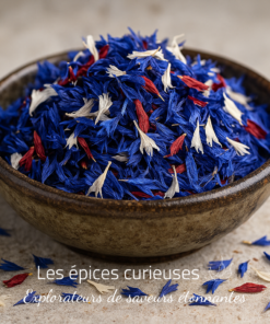 Bol de pétales de fleurs séchées colorés, principalement bleus, sur fond neutre.
