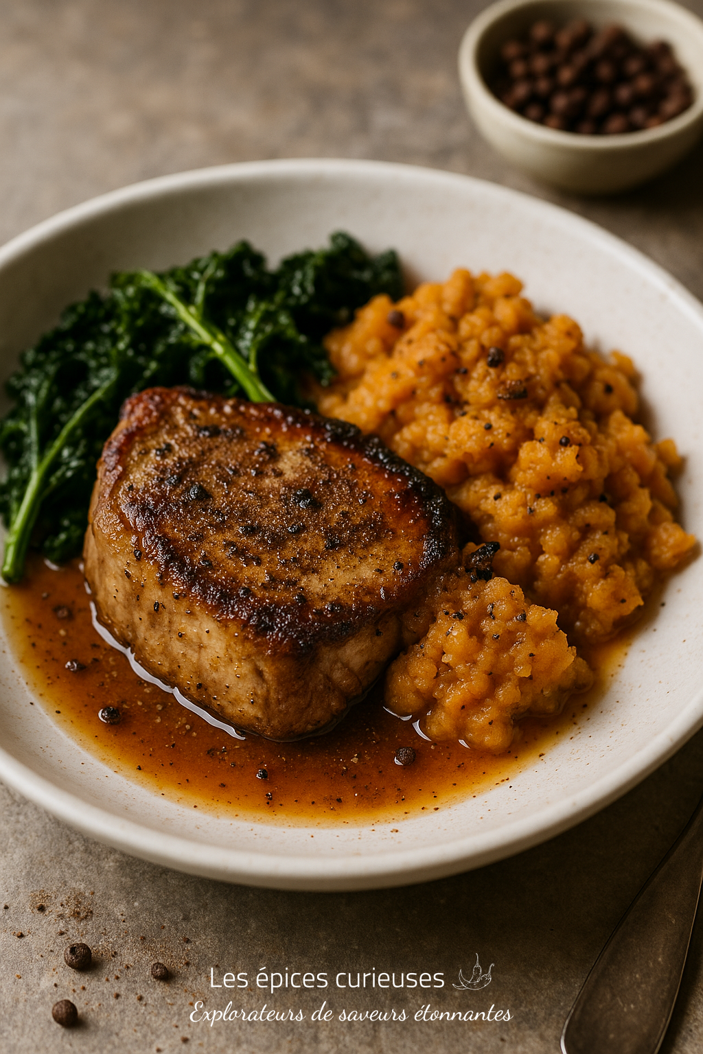 Piment de la Jamaïque – L’Âme des Caraïbes (1) Plat de porc rôti avec purée de pommes de terre douce et épinards sautés dans une assiette blanche.