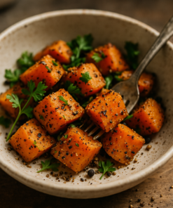 Dés de potiron rôtis au poivre et herbes, servis dans un bol avec une fourchette. Recette automnale savoureuse.