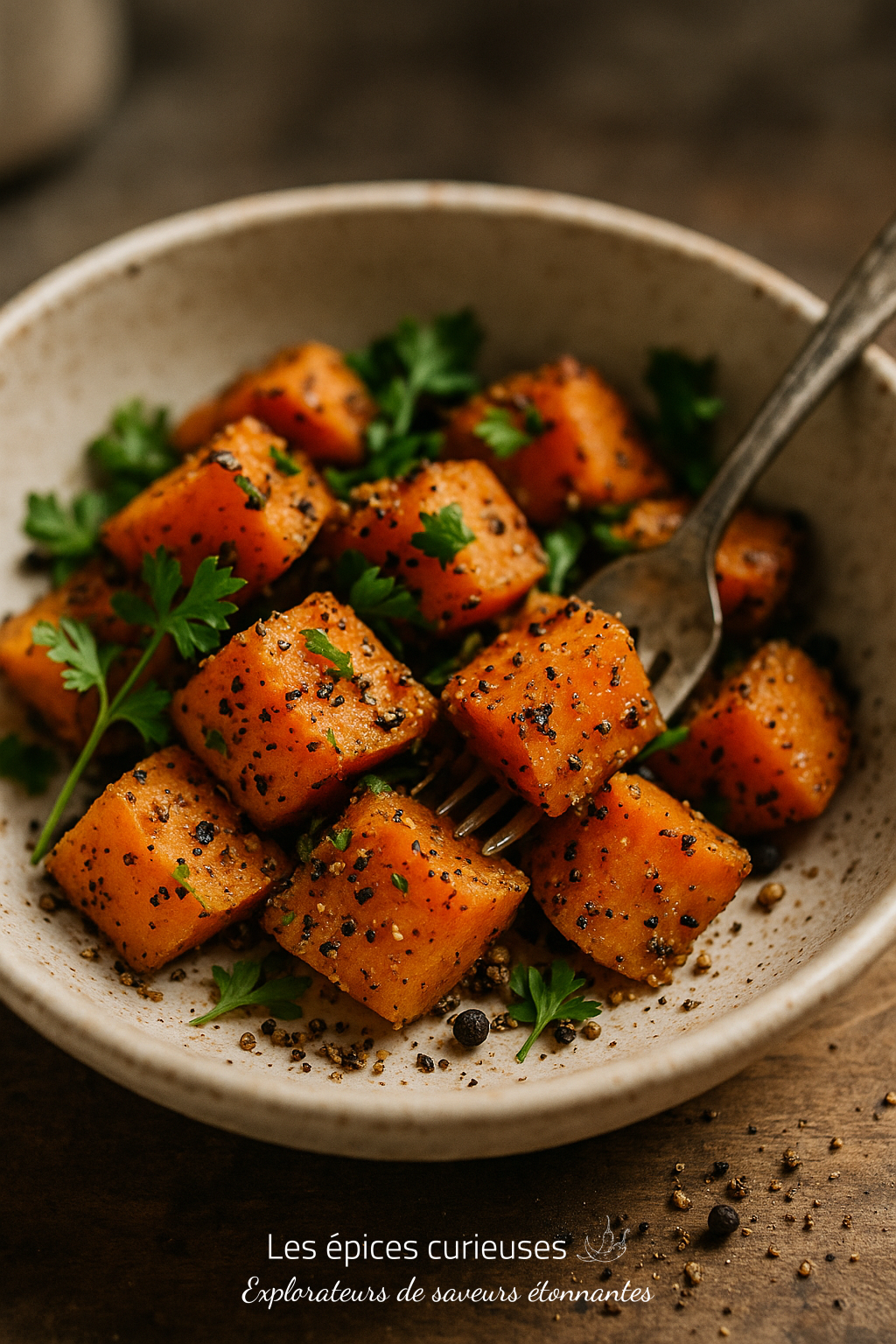 Piment de la Jamaïque – L’Âme des Caraïbes (2) Dés de potiron rôtis au poivre et herbes, servis dans un bol avec une fourchette. Recette automnale savoureuse.