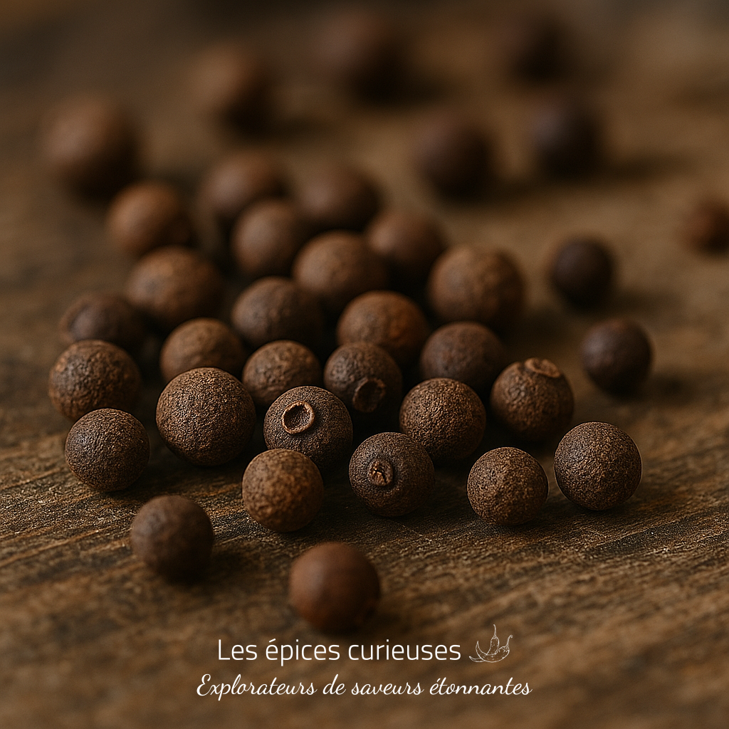 Piment de la Jamaïque – L’Âme des Caraïbes (3) Graines de piment de la Jamaïque sur une table en bois, épices aromatiques pour la cuisine et la pâtisserie.