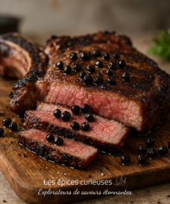 Steak juteux aux baies noires, tranché et prêt à être dégusté, sur une planche en bois rustique.