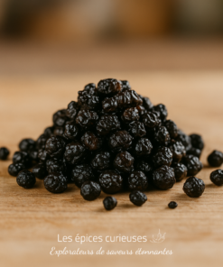 Amas de baies séchées sur une table en bois, texture rugueuse et couleur sombre.