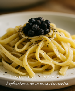 Assiette de pâtes tagliatelles al dente garnies de truffes noires, servie sur un plat blanc.