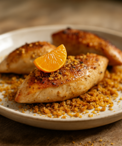 Poulet rôti savoureux garni de crumble croustillant et d'une tranche de mandarine, servi sur une assiette blanche.