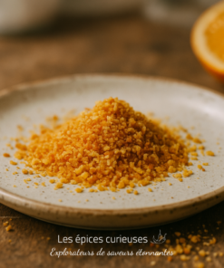 Poudre de zeste d'orange sur une assiette en céramique, arrière-plan flou de quartier d'orange.