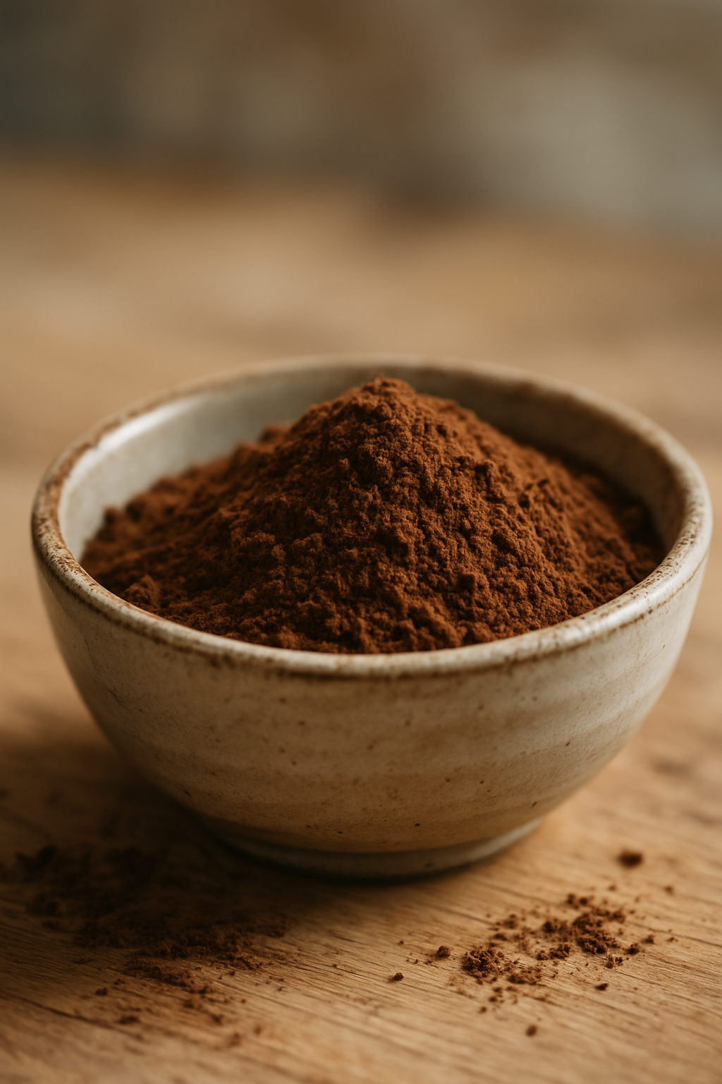 Poudre de Caroube – Douceur Naturelle (1) Bol en céramique avec de la poudre de cacao sur une table en bois.