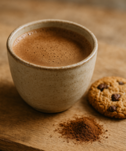 Tasse de café mousseux avec biscuit aux pépites de chocolat sur planche en bois, poudre de café à côté.
