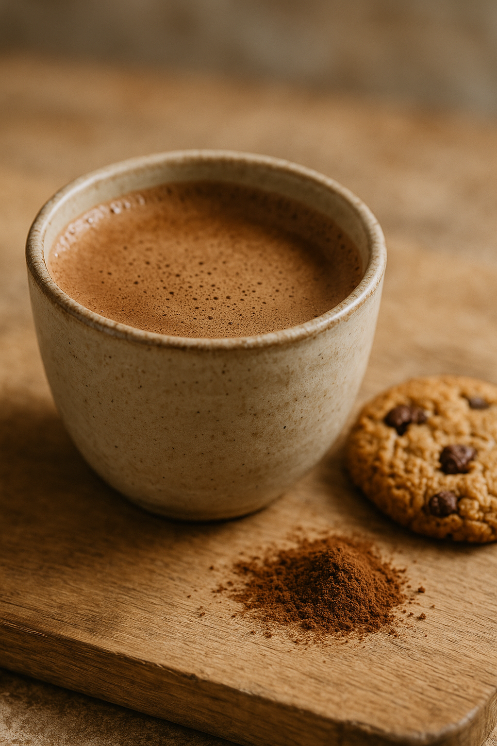 Poudre de Caroube – Douceur Naturelle (2) Tasse de café mousseux avec biscuit aux pépites de chocolat sur planche en bois, poudre de café à côté.