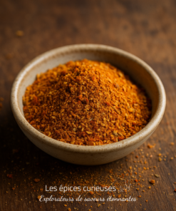 Bol de piment rouge en poudre sur table en bois, ajout épicé pour vos plats.