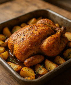 Poulet rôti doré avec pommes de terre et herbes dans un plat, sur une table en bois.