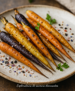 Assortiment de mini-carottes colorées rôties, assaisonnées de sel et poivre sur une assiette rustique.