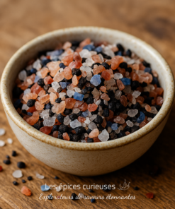 Bol de sel de l'Himalaya multicolore sur une table en bois, offrant une touche exotique à votre cuisine.