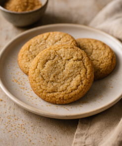 Trois biscuits dorés au sucre sur une assiette, avec du sucre brun en arrière-plan.